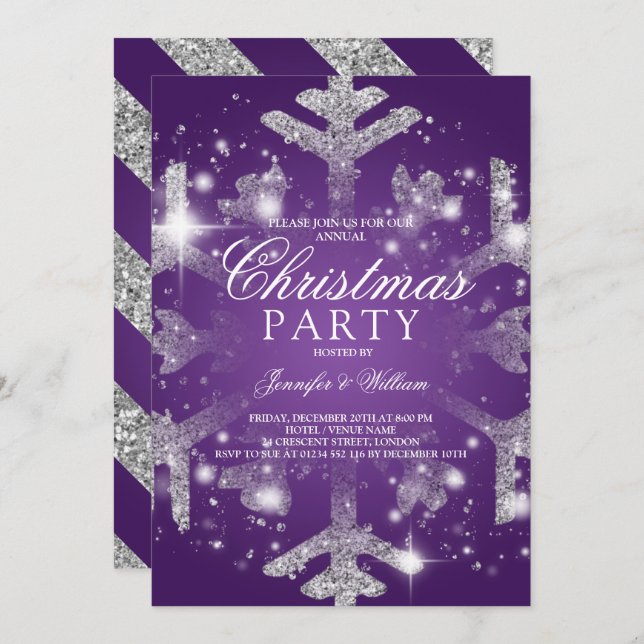 Convite Festa de Férias de Natal em Floco de Neve, Roxo de (Frente/Verso)