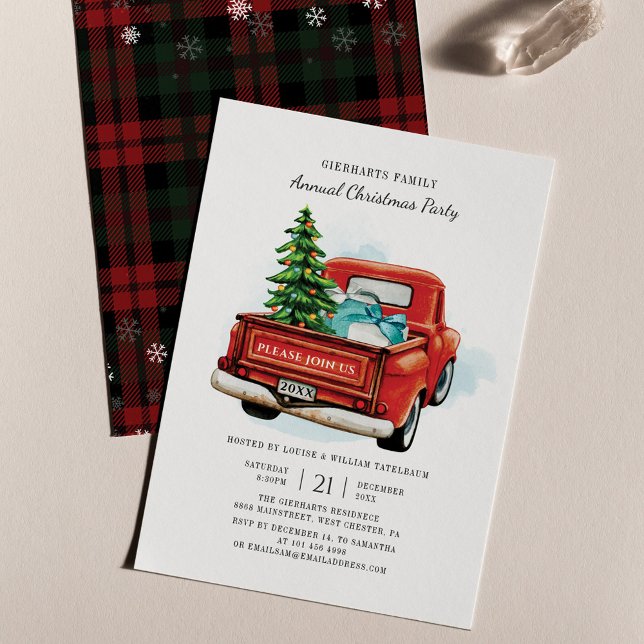 Convite Festa de Férias de Natal na xadrez Russo (Plaid Snowflakes Pattern Red Truck Christmas Party Invitation)