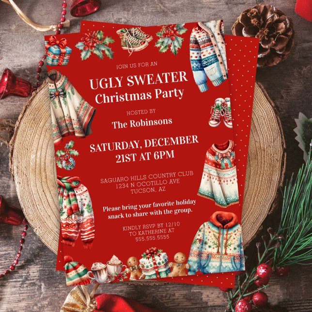 Convite Festa de Férias de Natal Vermelho e Feio (Red ugly christmas sweater party invitation for ugliest jumper contest holiday party invites)