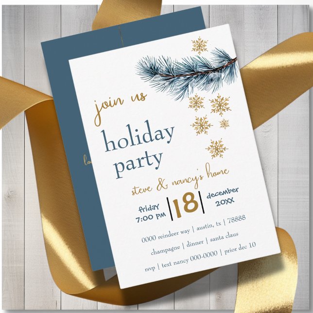 Convite Festa de Férias de Pinheiro e Flocos de Neve Doura (Modern holiday party invite with gold snowflakes and pine branch you can customize. )