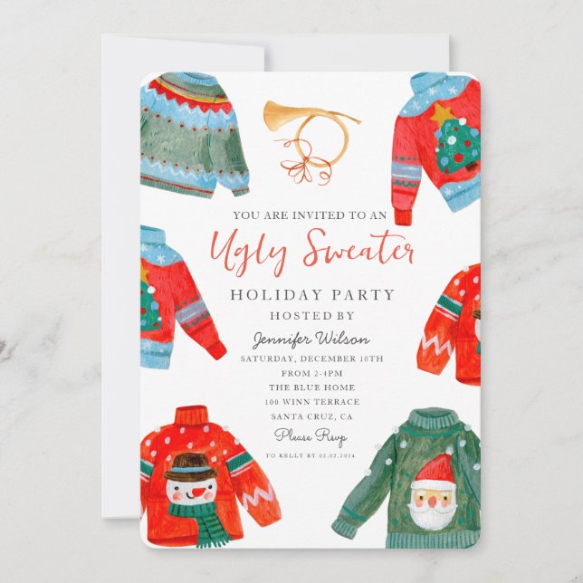Convite Festa de Férias de Sweater Feio de Aquarela (Frente)
