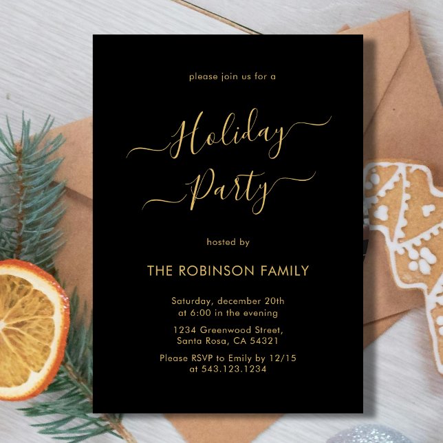 Convite Festa de férias Dourada de caligrafia negra mínima (Criador carregado)