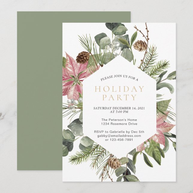 Convite Festa de Férias Douradas de Férias Wreath Watercol (Frente/Verso)