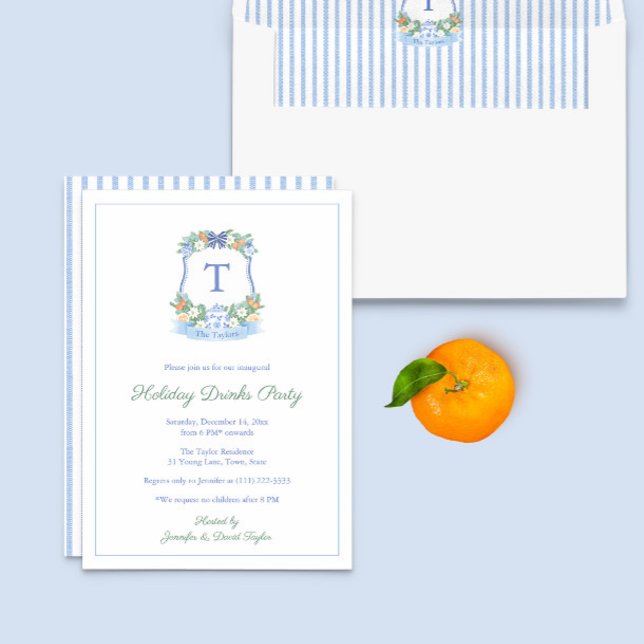 Convite Festa De Férias Elegante, Azul E Citrus Brancos (Blue And White Citrus Winter Christmas Crest Holiday Drinks Party Invitation)