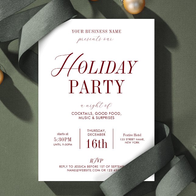 Convite Festa de Férias Elegante Natal comercial (Elegant Holiday Party Invitation in white & red, perfect for your Business or Private Xmas Party)