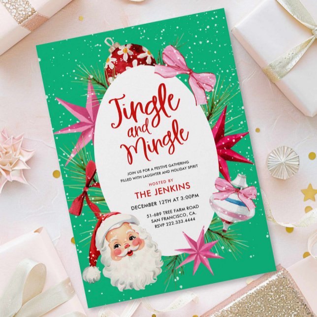 Convite Festa de Férias Jingle e Mingle (Colorful Santa Jingle and Mingle Christmas Party Invite)
