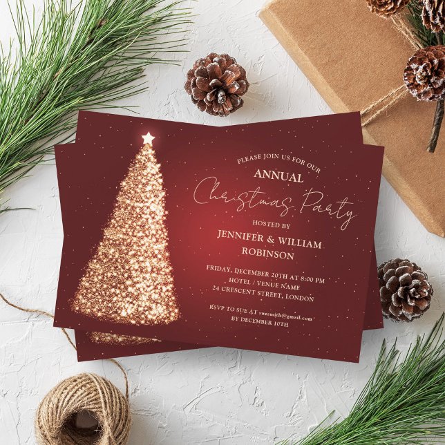 Convite Festa de Férias Sparkle da Árvore Vermelha Dourada (Elegant Gold Red Xmas Tree Sparkle Holiday Party Invitation)