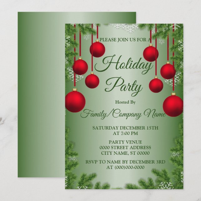 Convite Festa de Férias Verdes dos Enfeites de natal Verme (Frente/Verso)