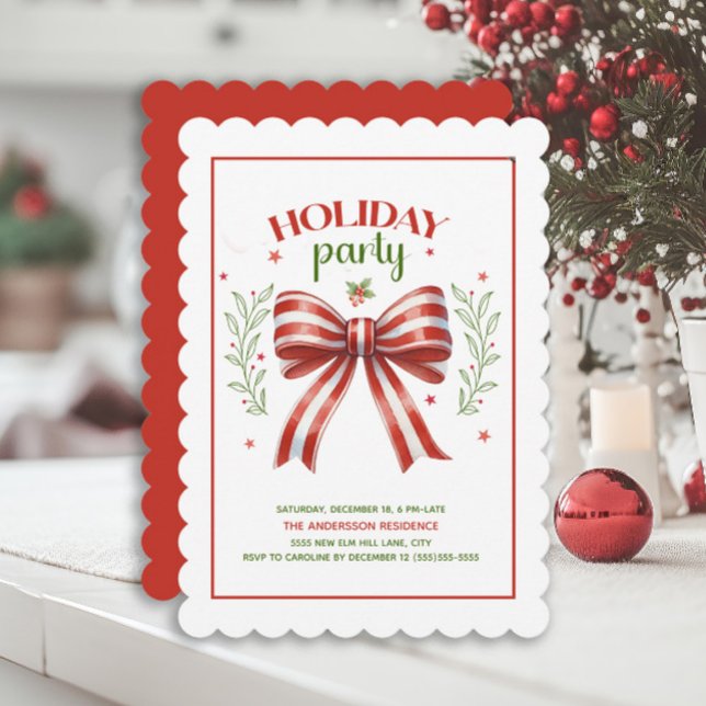 Convite Festa de Férias Verdes Vermelhas do Arco Coquette (Red and white striped bow Holiday party invitation)