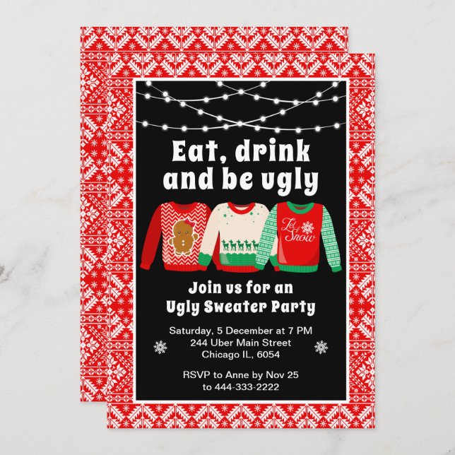 Convite Festa de Férias Vermelhas de Natal Feia (Frente/Verso)