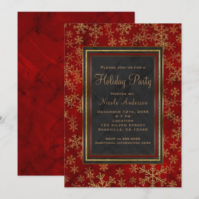Convite Festa de Férias Vermelho Mármore Dourado Flocos de (Frente/Verso)