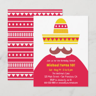 Convite Festa de Fiesta com Bigode e Sombrero Mexicano da 