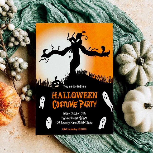 Convite Festa de Figurino de Halloween fantasma de árvore  (Halloween Costume Party spooky tree ghosts pumpkin Invitation)