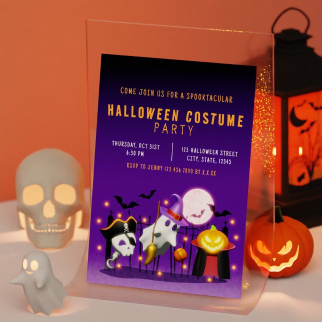 Convite Festa de Figurino de Halloween Laranja e Roxo (Spooky Halloween Costume Party Orange and Purple Invitation)