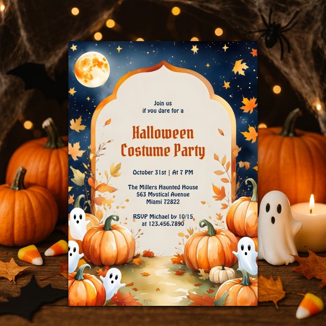 Convite Festa de Figurino de Halloween para Crianças Fanta (Cute Ghosts & Pumpkins Kids Halloween Costume Party Invitation Full Moon Spooky Cute Fall Design)