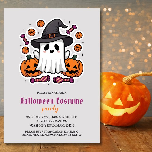 Convite Festa de Figurino de Halloween para Crianças Fanta (Cute Ghost and Pumpkins | Kids Halloween Costume Party Invitation for Kids)