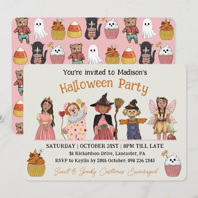 Convite Festa de Figurino de Halloween Rosa e Bonitinho (Frente/Verso)