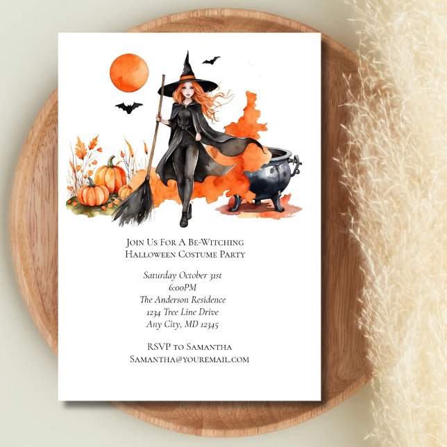 Convite Festa de Figurino do Dia das Bruxas Negras Laranja (Halloween Witch Pumpkins Orange Black Party Invitation)