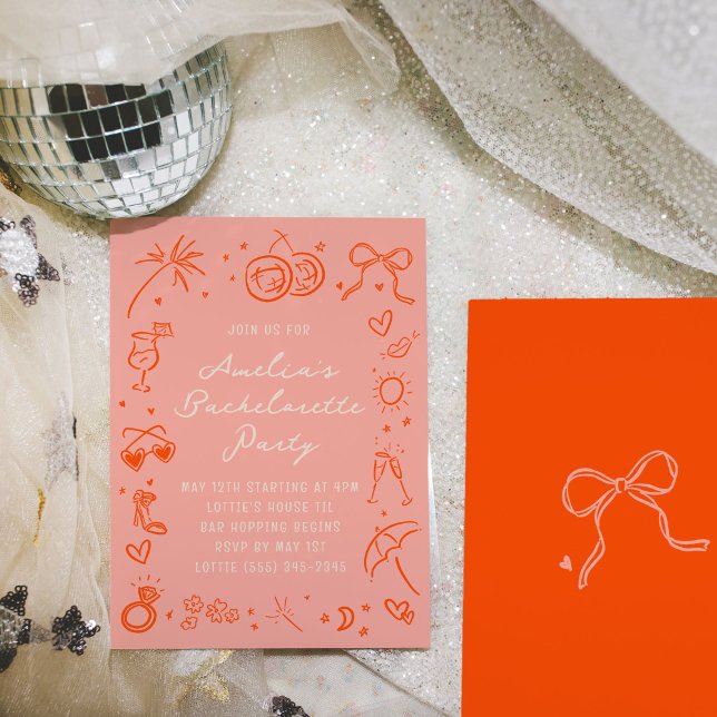 Convite Festa de Fim de Semana da Bachelorette de Esquetes (Pink and red hand drawn sketch girly icon illustrations bachelorette party invitations.)