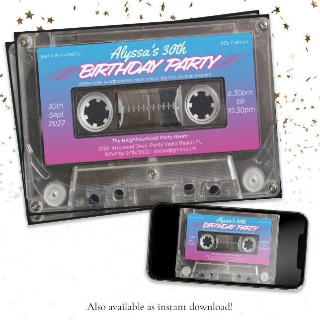 Convite Festa de fita cassete azul-rosa Neon 80s Retroativ (Retro 80s Neon Pink Blue Mixtape Cassette Party In Invitation)