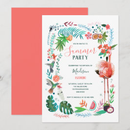 Convite Festa de Flamingo de Verão Floral Tropical