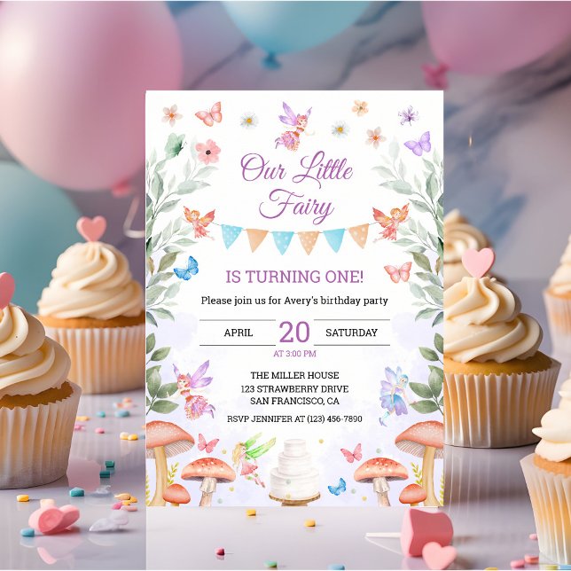 Convite Festa de Floresta Encantada de primeiro aniversari (fairy 1st baby birthday party invitation)