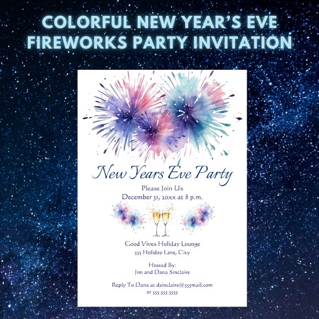 Convite Festa de Fogos de Artifício de Ano Novo (Colorful New Year’s Eve Fireworks Party Invitation – Easy to Personalize)