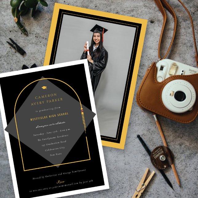Convite Festa de Formando de Fotografias de Quadros Minima (Arch Tassels Minimalist Frame Photo Graduation Party Invitation | fatfatin @ zazzle.com/color_therap)
