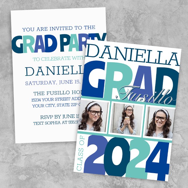 Convite Festa de Formando de Teal Azul com 3 Fotografias S (Modern Teal Aqua Blue Retro Graduation Announcement Grad Party Invitation)