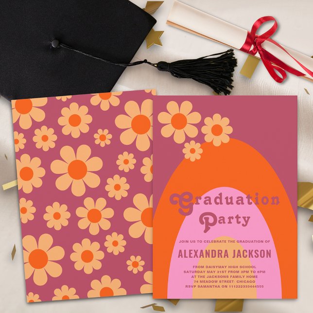 Convite Festa de Formando Laranja Cor-de-Rosa Retroativa (Retro groovy daisy orange & pink graduation party invitation)