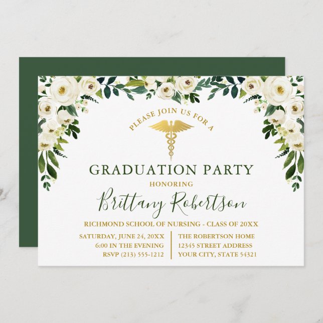 Convite Festa de Formando Médicos Florais Brancos de Aquar (Frente/Verso)