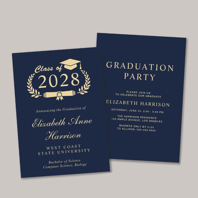 Convite Festa de Formandos Azul de Script Elegante (An elegant college graduation party invitation to celebrate the graduate's achievements)