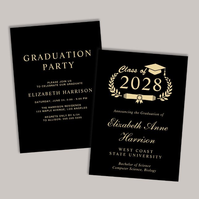 Convite Festa de Formandos Preto de Script Elegante (An elegant college graduation party invitation to celebrate the graduate's achievements)