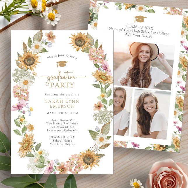 Convite Festa de formatura (Watercolor Floral Graduation Party Invitation with Photo Collage by Painted Paperie
)