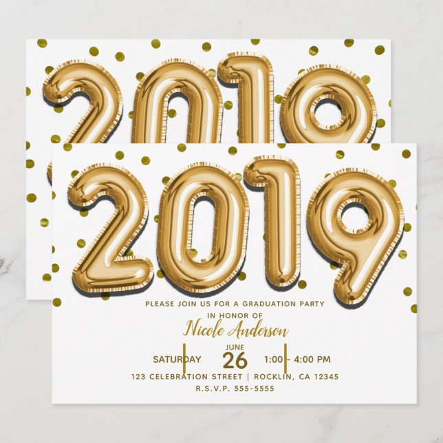 Convite FESTA DE FORMATURA 2019 Balões Dourados com Confet (Frente/Verso)