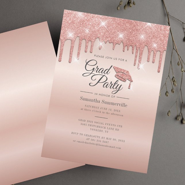 Convite Festa de Formatura 2026 Formatura Elegante (Graduation Party 2025 Rose Gold Drip Grad Invitation)