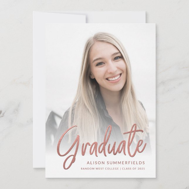 Convite Festa de Formatura 2026 Foto Rose Gold Script Grad (Frente)