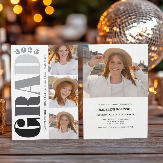 Convite Festa de formatura 4 preto no fundo preto 2025 (Retro Bold black 2025 Graduation Party 4 Photo Invitation)