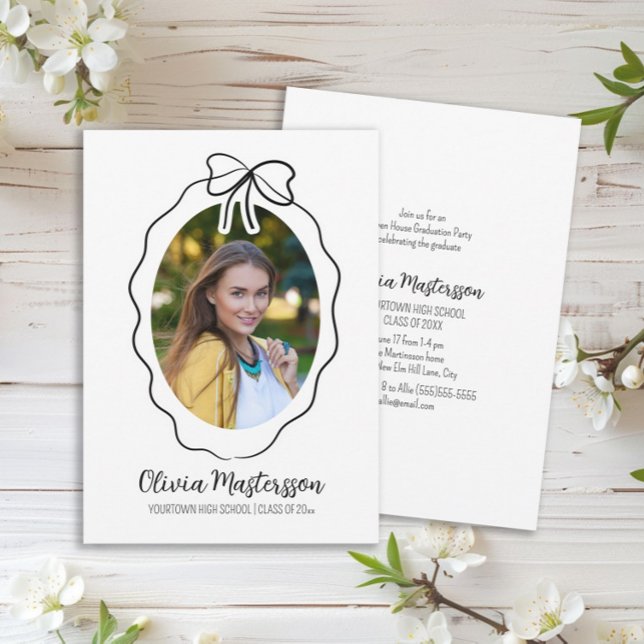 Convite Festa de formatura Aberta de Foto do Arco Esmaecid (Cute line-art bow and frame graduation party photo invitation)