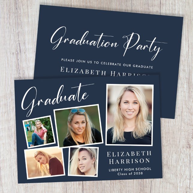 Convite Festa de formatura Azul de Colagem de Fotos Modern (A modern photo collage graduation party invitation to celebrate the graduate's achievements)