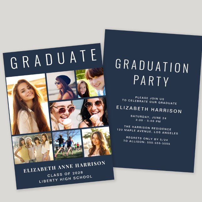 Convite Festa de formatura Azul de Colagem de Fotos Modern (A modern photo collage graduation party invitation to celebrate the graduate's achievements)