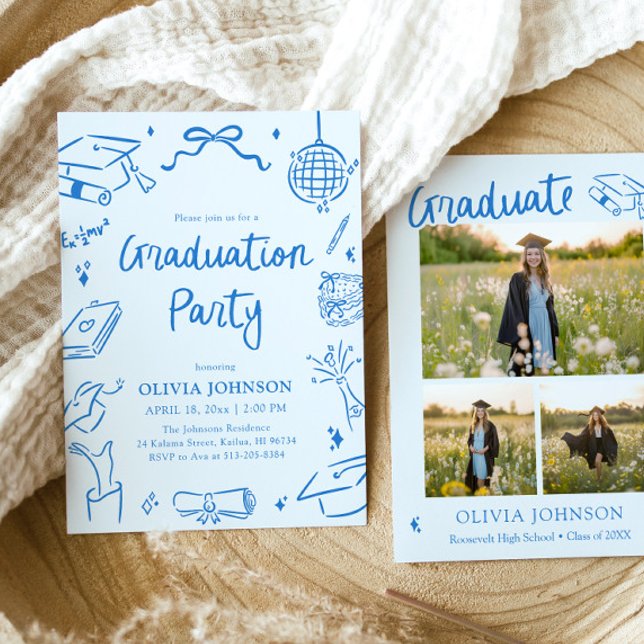 Convite Festa de Formatura Azul Desenhada à Mão Caprichosa (Modern Whimsical Hand Drawn Blue Graduation Party Invitation)