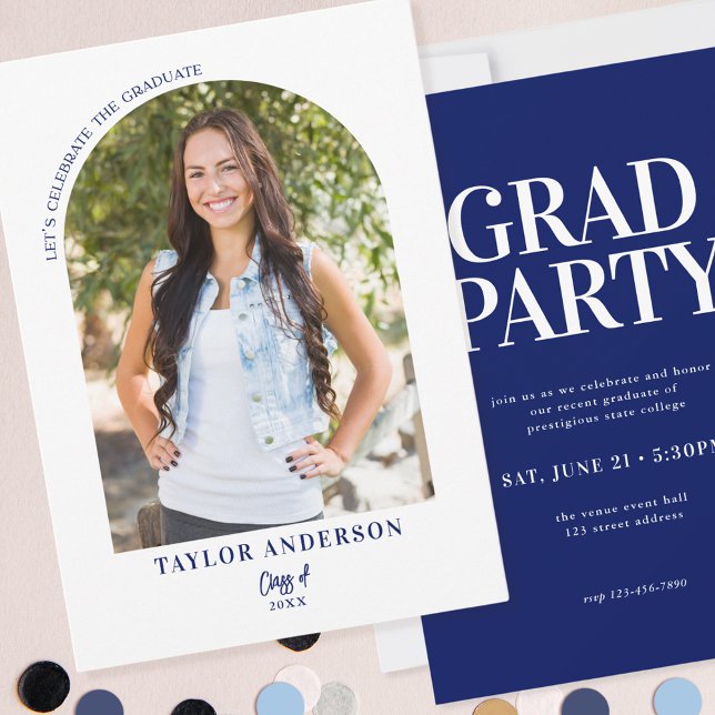 Convite Festa de formatura Azul Elegante de Foto em Arco M (Criador carregado)