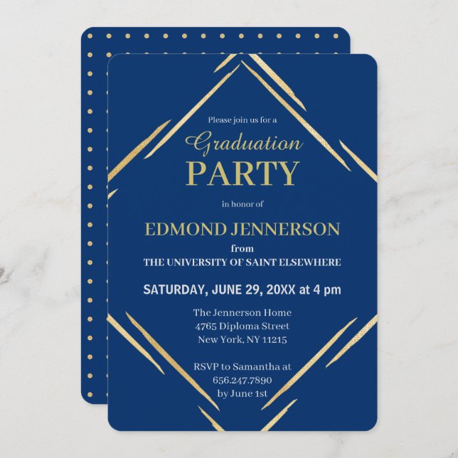 Convite Festa de formatura Azul Elegante Moderno Dourada 2 (Frente/Verso)