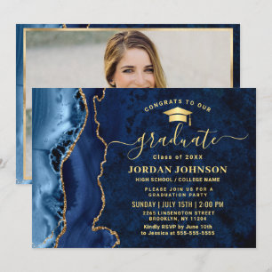 Convite Festa de formatura azul mármore do Marinho modern