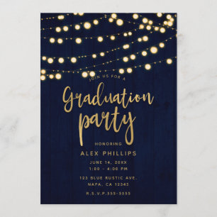 Convite Festa de Formatura Blue Gold Rustic Wood & Lights