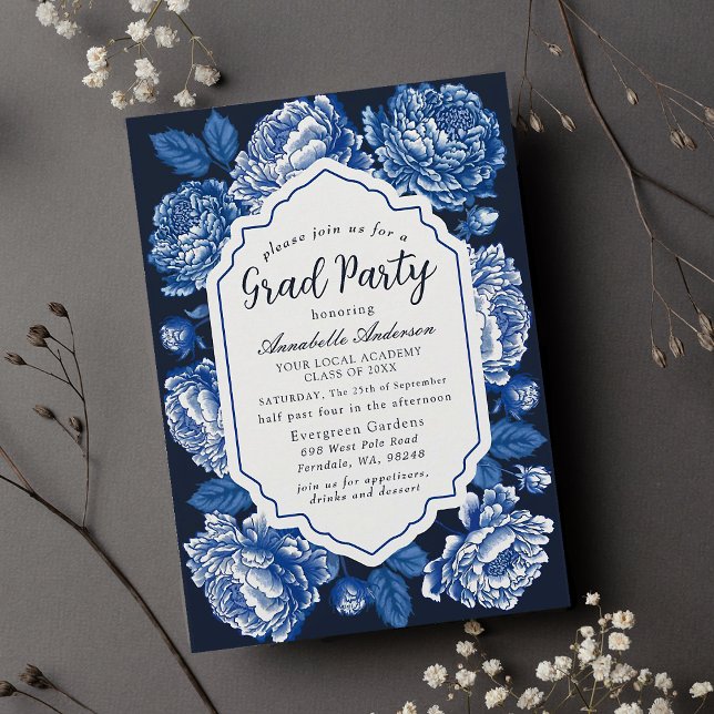 Convite Festa de formatura Blue Toile De Jouy Peony Classy (Criador carregado)