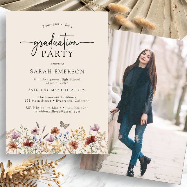 Convite Festa de Formatura Boho com Foto (Photo Boho Wildfloer Graduation Party Invitation with Butterfly by Painted Paperie
)