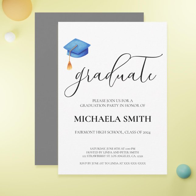 Convite Festa de formatura Boné azul moderna (Cute Modern Blue Cap High School Graduation Party Invitation)