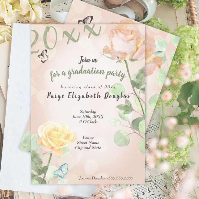 Convite Festa de formatura Botânica de Pêssego Dusty (peach pink eucalyptus green girls graduation party invitation botanical rose light green dusty peach)